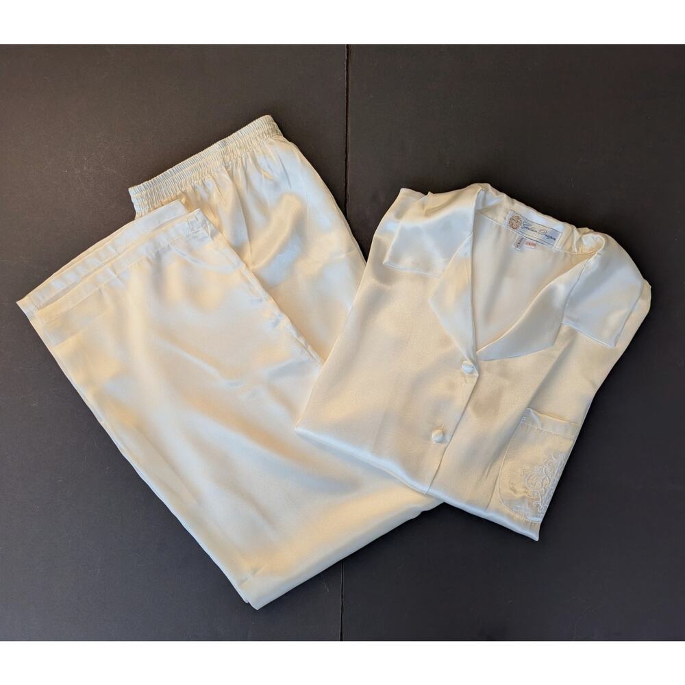 Golden Dragon 100% Pure Silk Classic White Pajama Set Size L - LS Top Long Pant